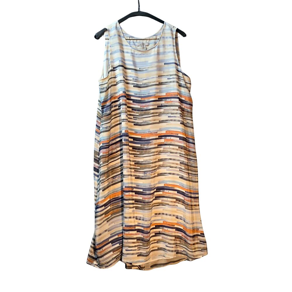 Zozo Abstract Multicolor Striped Sleeveless Silk Shift Dress L Orange Blue Beige